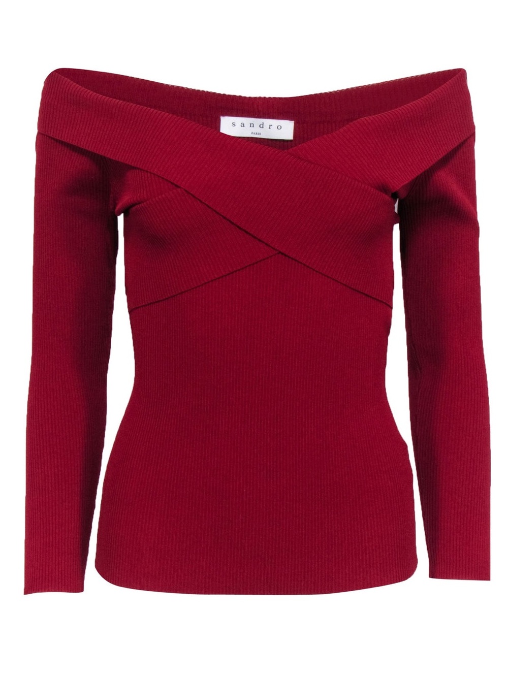 Sandro Off-Shoulder Ribbed Sweater in Deep Red